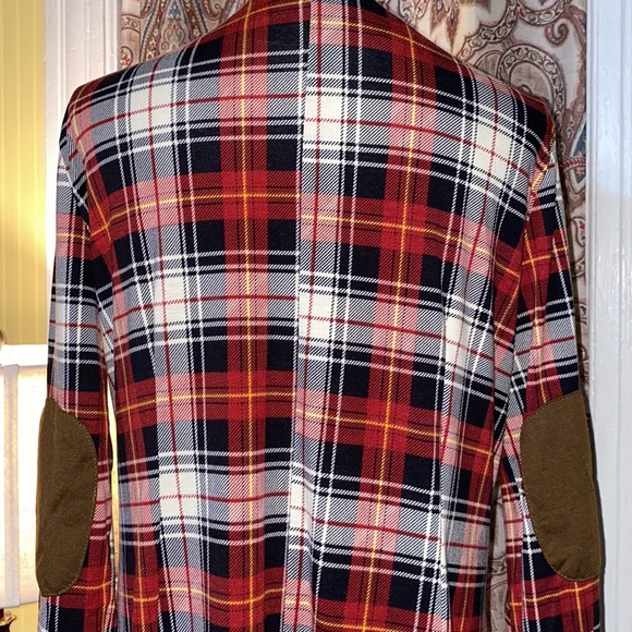 Reborn 1X Plaid Lightweight Open Front Duster / Cardigan / Top w/ Elbow Patches. - Picture 7 of 9